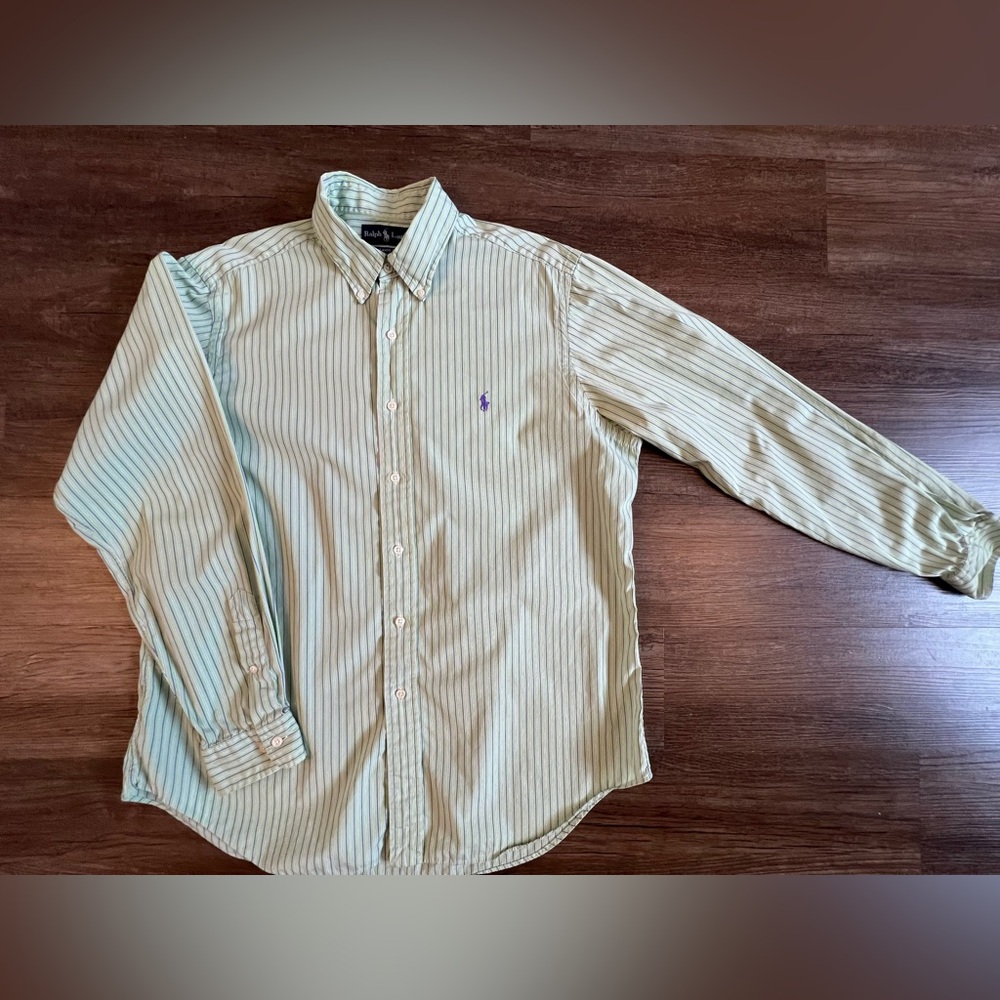 Vintage Ralph Lauren Shirt Mens XL Green Striped‎ Classic Fit Button Down E37